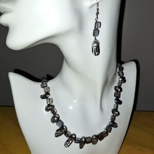 Black Mussel Shell Beaded Necklace and Earring Set in Silvertone.